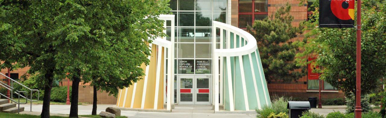 An outside view of an entrance to the Aaron Copland School of Music/ Samuel J. and Ethel LeFrak Concert Hall.