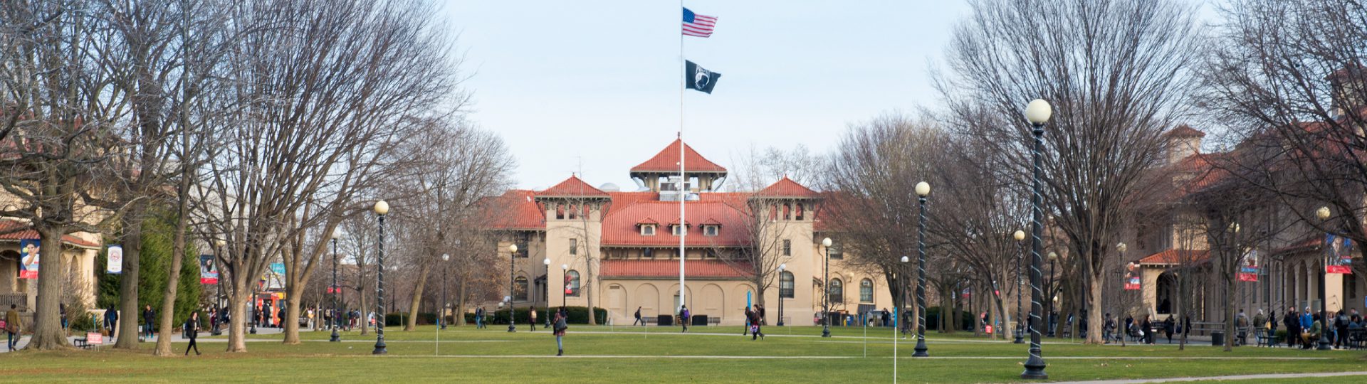 View of the quad with Jefferson Hall in the background.